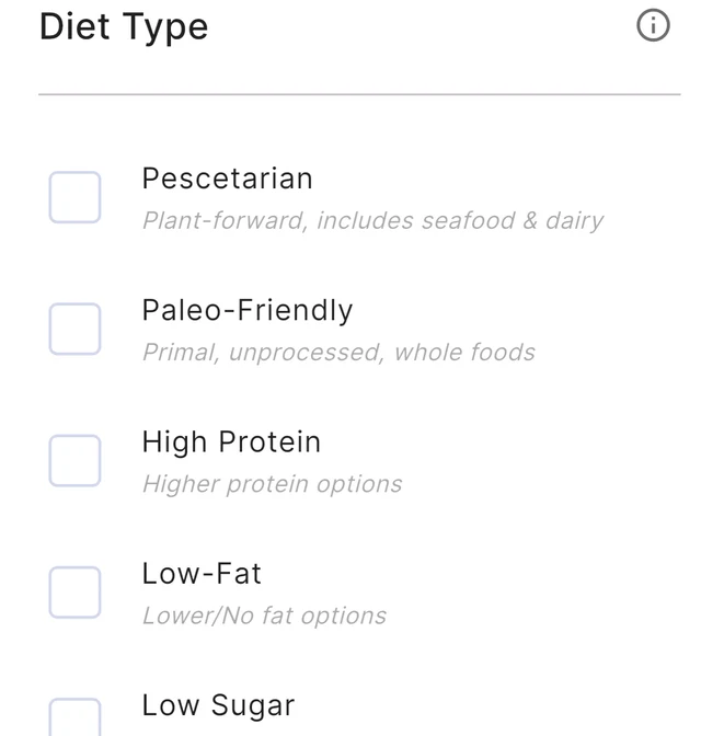 Guiltless Diet Type filter list showing Pescetarian, Paleo-Friendly, High Protein, Low-Fat and Low Sugar, each with a checkbox.