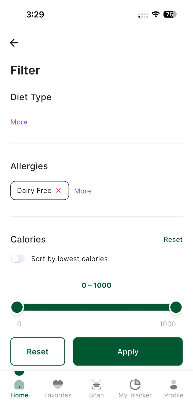 Guiltless Filter screen. Under Allergies, a Dairy Free option is selected.