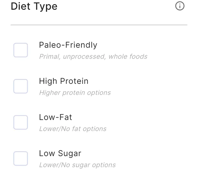 Guiltless Diet Type filter list showing Paleo-Friendly, High Protein, Low-Fat and Low Sugar, each with a checkbox.