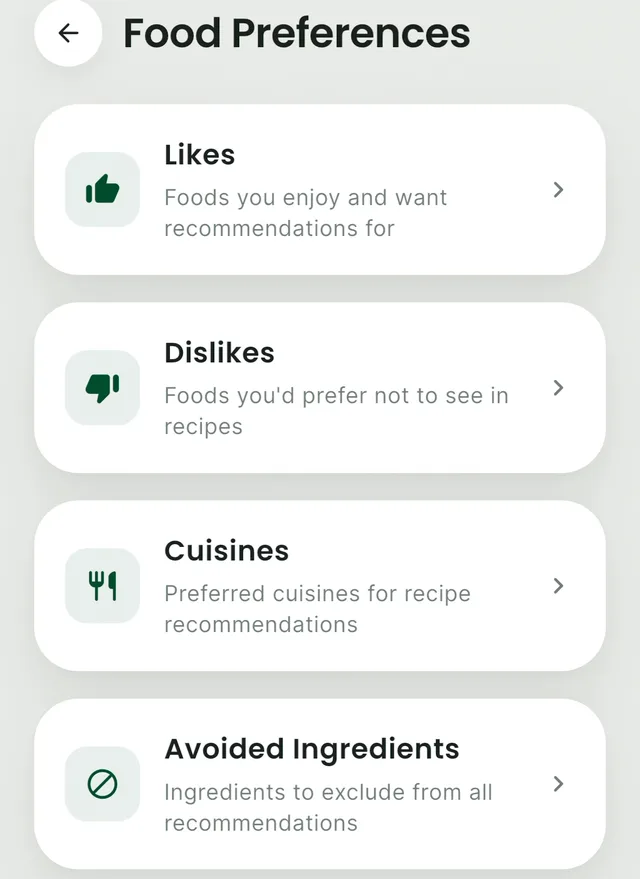 Guiltless Food Preferences screen with four options: Likes, Dislikes, Cuisines and Avoided Ingredients.