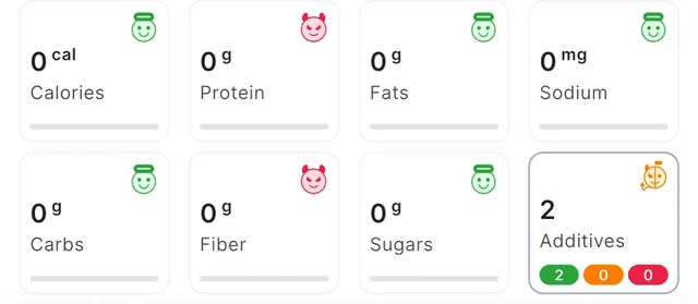 Guiltless nutrition tiles for another sparkling water from the products to compare: 0 calories, 0 g protein, 0 g fat, 0 mg sodium, 0 g carbs, 0 g fiber, 0 g sugars and 2 additives.